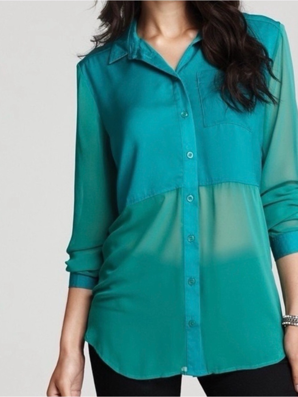 Free People Teal/ Emerald Sheer Panel Button-Up Blouse